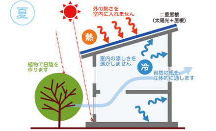 夏の太陽光を軒や庇で遮り、涼しくします